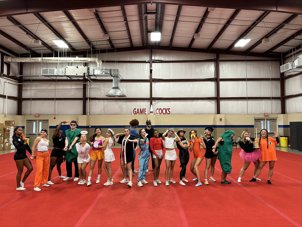 jaxstatecheer's tweet photo. Jax State cheer Halloween practice is always one for the books! Had to get a picture of Stefon joining in since he has class on Tuesdays 🤣 happy Halloween, everyone! #GoGamecocks 🐔 https://t.co/kYXf5F9oP3