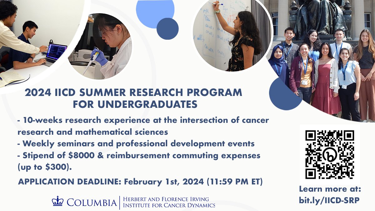 Are you an undergraduate interested in #UndergraduateResearch #cancerresearch & #mathematics, #computationalbiology, #datascience,  #engineering, etc.? Applications are open for the 2024 IICD Summer Research Program. Deadline to apply is Feb 1st, 2024: bit.ly/IICD-SRP