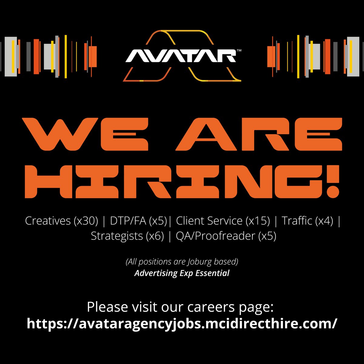 I am looking for over 60 AvaStars ready to help us Liberate African Creativity. If you've got advertising experience, let's connect!  

Apply at avataragencyjobs.mcidirecthire.com 

There will be more openings soon. Spread the word by sharing. 

#AvatarAtWork