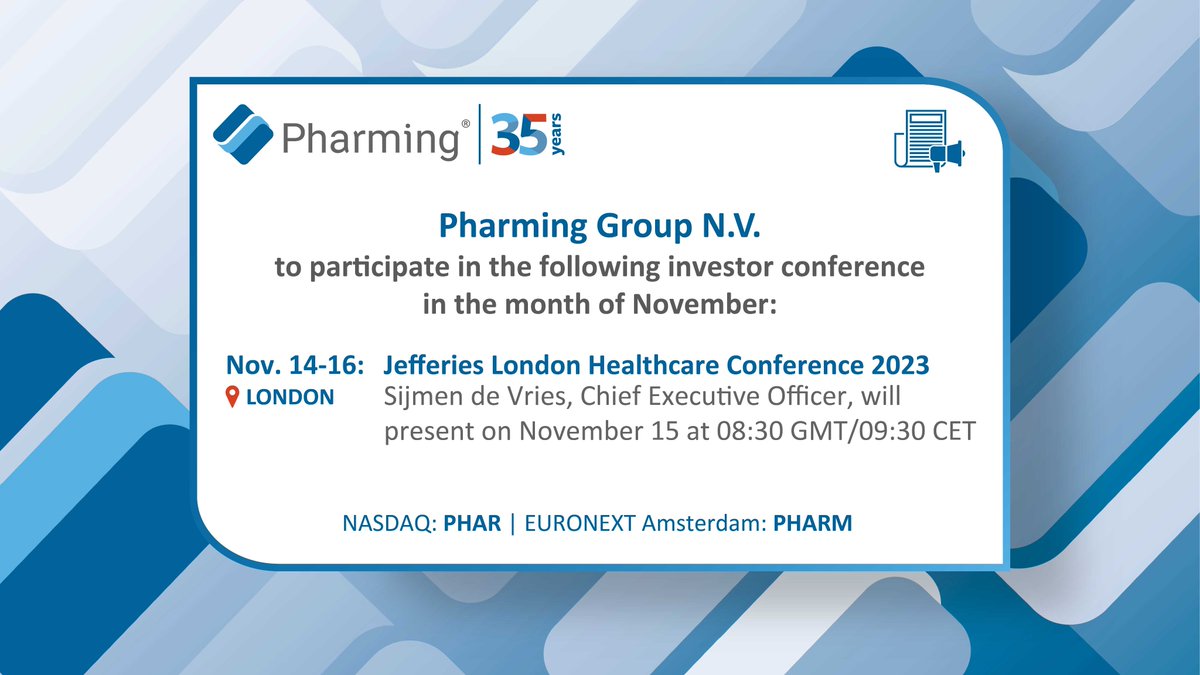 We are happy to share that @PharmingGroupNV management will participate in the #Jefferies London Healthcare Conference in the month of November. bit.ly/46OM2XY To schedule a meeting with management, reach out to investor@pharming.com #jefferieshealthcare #pharminggroup
