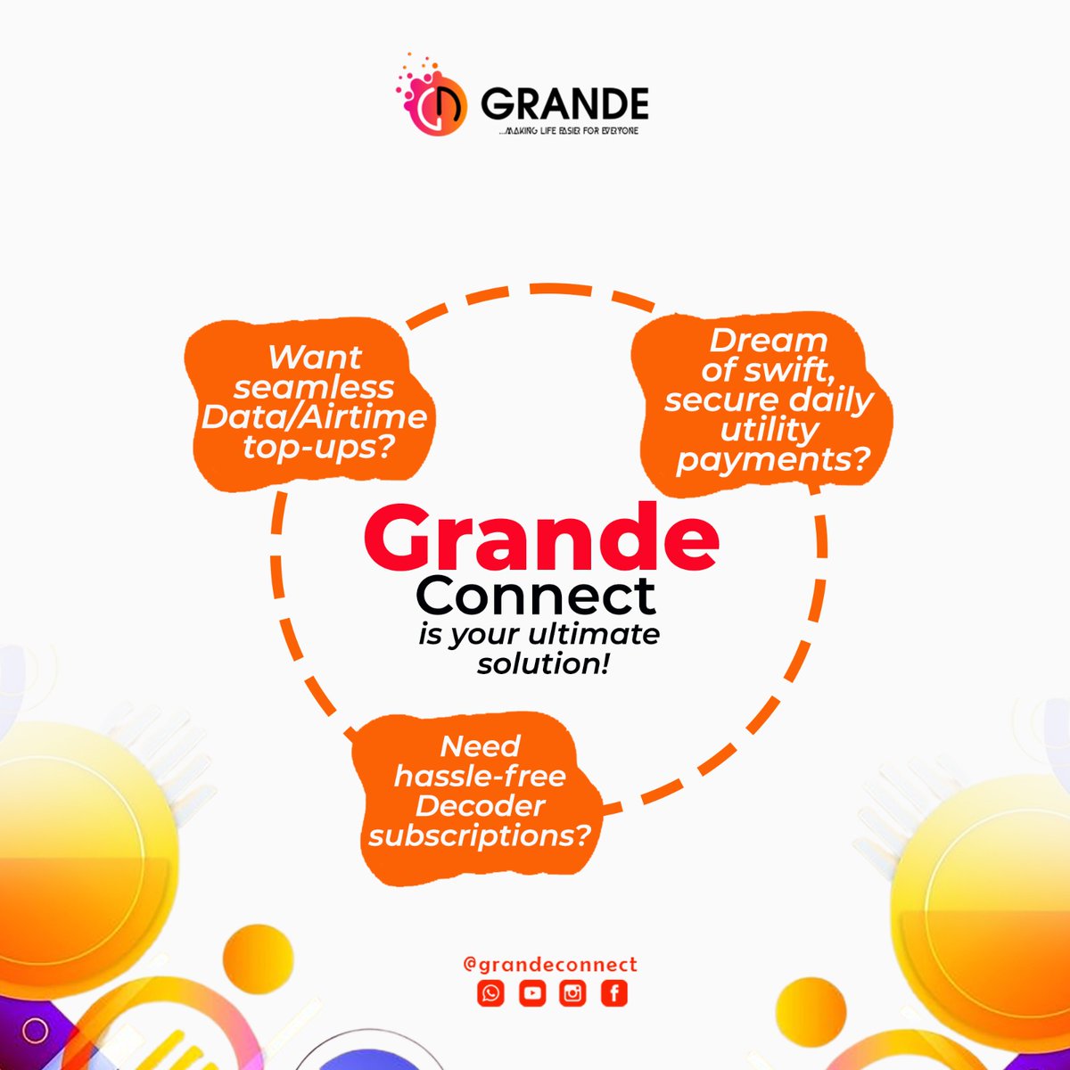 💬 Drop a 🙌 in the comments if you're ready for seamless services! @MentionAFriend @MentionAnotherFriend

💥 Ready to join the revolution? Sign up now and experience the difference!

#GrandeConnect #SeamlessServices #DataTopUp #DecoderSubscription #UtilityPayments #NaijaTech