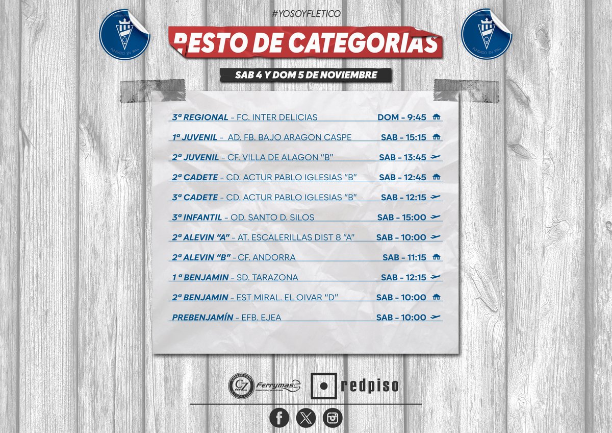fleta_cd's tweet photo. 📢¡PARTIDOS DE LA JORNADA!📢
Vamos a por ellos fleticos💪
#cdfleta #futbol #temporada2324 #regionalpreferente #satalogistica #coferdroza #publicidad #patrocinadores #redpisosanjosé @ferrymascz @redpiso_sanjose_zaragoza https://t.co/hWToqkZPCk