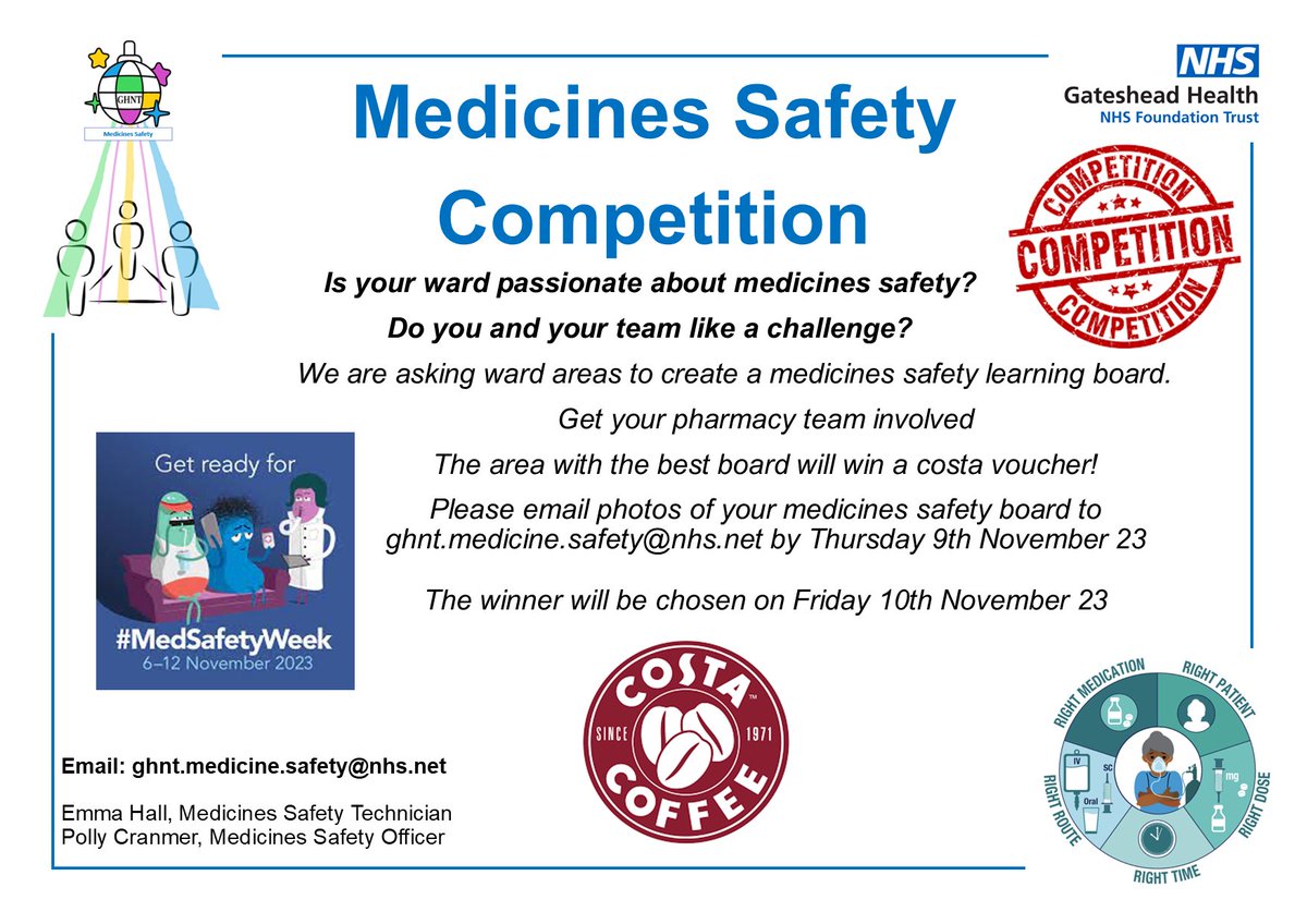 Who likes a competition? Can you create a medicines safety board in your area? 💊
Be in with a chance to win a Costa voucher for the best medicines safety board! ☕
See info below 👇🏽
<a href="/PharmacyQeh/">QEHPharmacy</a> <a href="/Gateshead_NHS/">Gateshead Health NHS Foundation Trust</a>