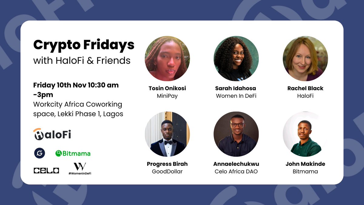 Explore the future of crypto with us! Teaming up with <a href="/CeloNigeria/">Celo Nigeria 🇳🇬</a> for a day filled with expert insights from <a href="/CeloOrg/">Celo</a>, <a href="/minipay/">MiniPay</a>, @women_in_defi <a href="/bitmamaexchange/">₿itmama.eth</a>, <a href="/halofi_me/">HaloFi</a> &amp; <a href="/gooddollarorg/">GoodDollar 💙🌏</a> ✨

Next Friday in Lagos—mark your calendar and register ASAP!
🎟️lu.ma/lpsfpjc0