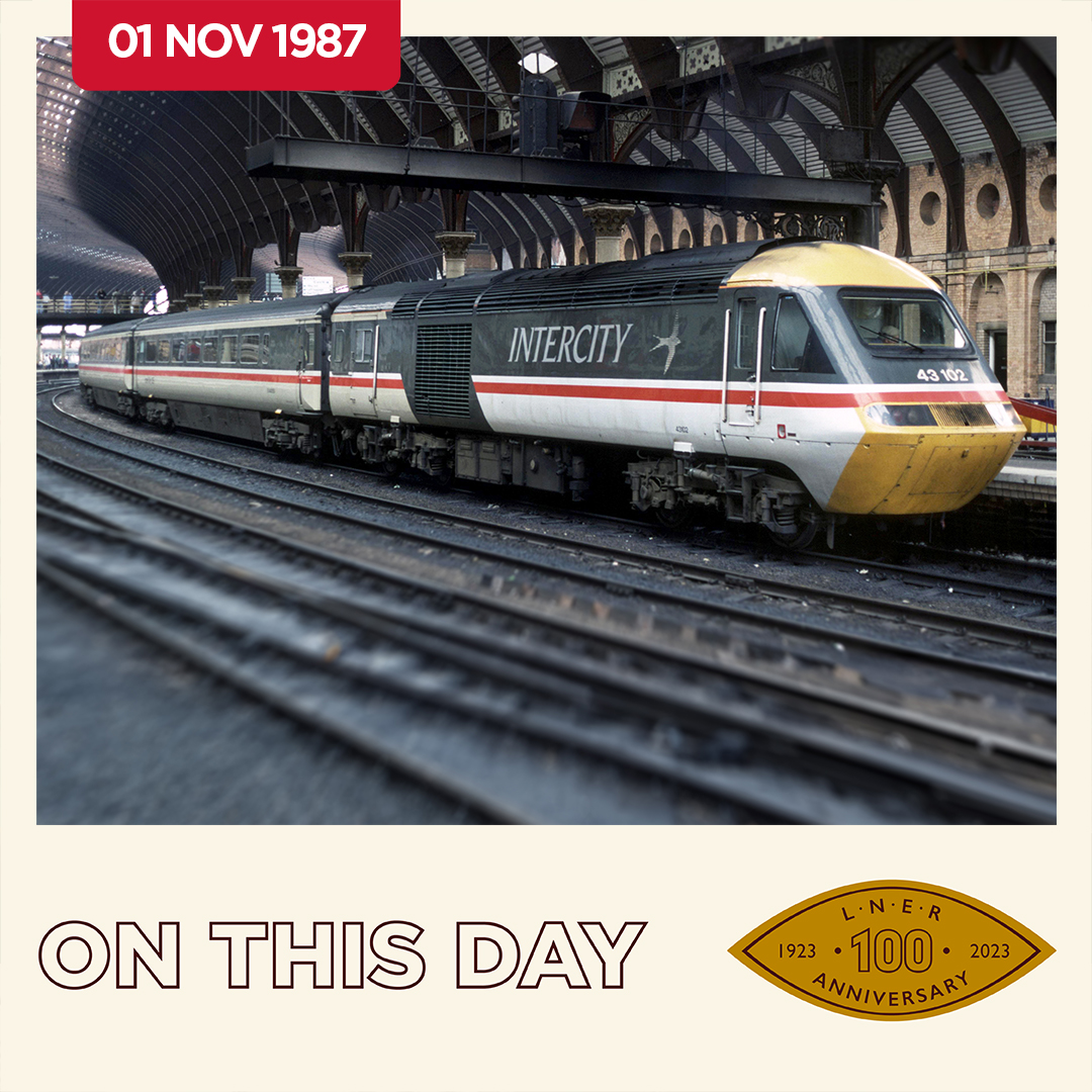 LNER's tweet image. On this day 36 years ago, an Inter-City 125 HST (led by 43102) set the world speed record for diesel-powered trains which still stands today at 148mph.

It was the second fastest train in the world when it entered service in 1975, behind only the Shinkansen.

#OnThisDay #LNER100