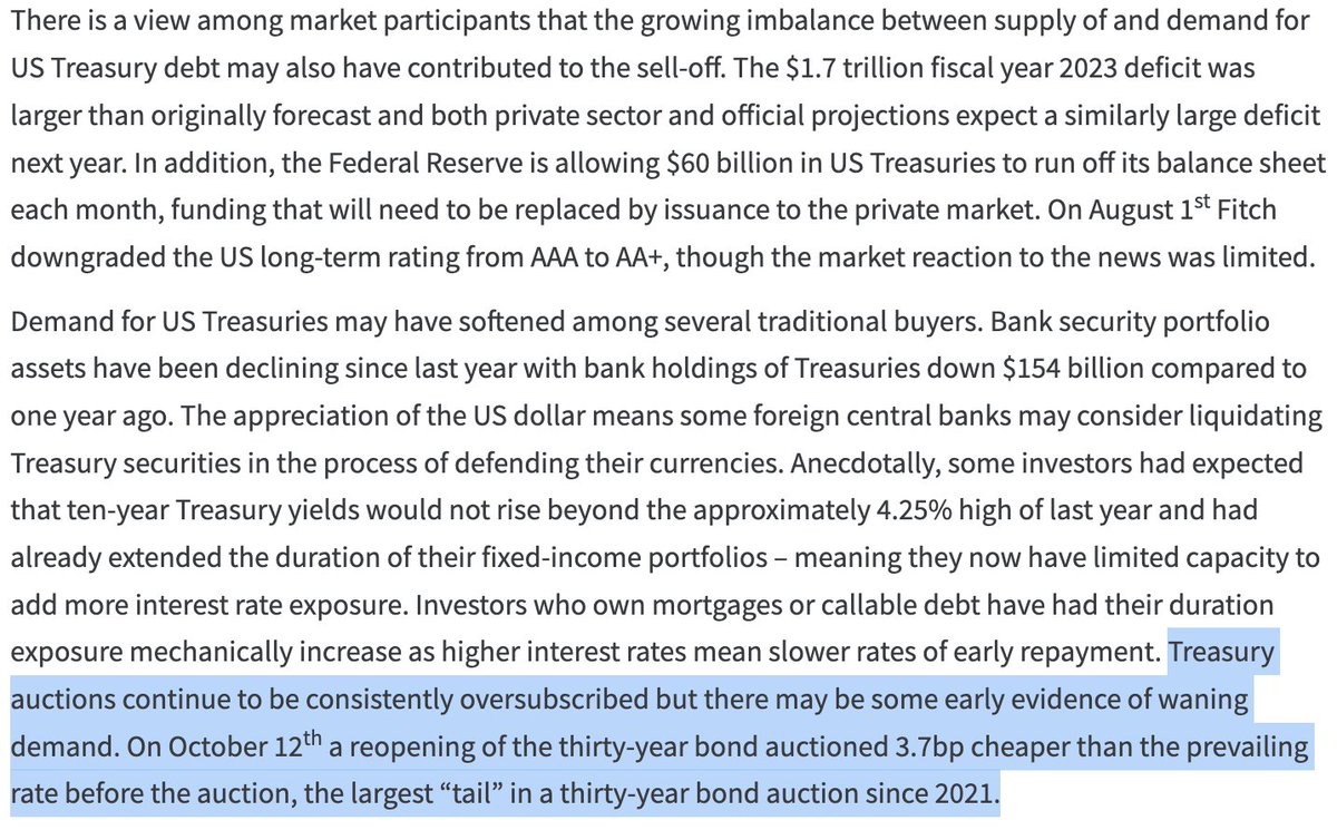 qthomp's tweet photo. This new @USTreasury report is a MUST read. I'll do my best to highlight key points below 👇
https://t.co/WbdcQTaTSB

Review of recent data and the economic resiliency across the board with 3 / 6 month NFP job growth averaging 266k / 234k and real GDP over +2% every quarter this year

The recent yield curve steepening a result of  higher near-term growth expectations, stickier inflation expectations and higher term premium required for longer duration debt

Near-term monetary policy (Fed funds rate) is not the biggest driver of recent moves. I've called this out a few times: https://t.co/egH42AJwqA

Acknowledgement of the debt supply problems due to fiscal deficits and the potential impacts to bond market volatility and Treasury auctions, specifically calling out shaky market liquidity

Implementing the 6-week bill into its permanent issuance strategy, specifically noting how it helps MMFs absorb more of the debt burden (RRP!)

The procyclicality of higher rates, leading to larger deficits, leading to more debt, leading to higher rates

And the cherry on top - recommending an increase in bill issuance to both offset decreased domestic and international demand for Treasuries and utilize the strong demand from MMFs

What does this all mean?
Yellen has $1 trillion of excess reserves sitting in the RRP she'll use to fund near-term deficit spending via bills issuance instead of bond issuance. This reduces upward pressure on the long bond and stabilizes yields, which was the exact reason for recent market volatility despite the better than expected economic resilience. Treasury and the Fed to the market's rescue once again.