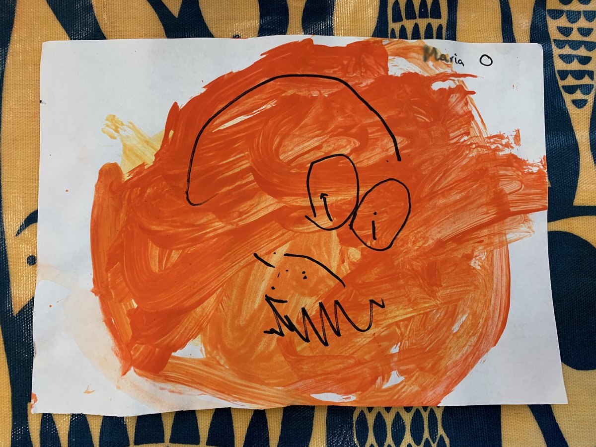We mixed orange to paint pumpkins. We added faces to our pumpkins to make them Halloween-y!