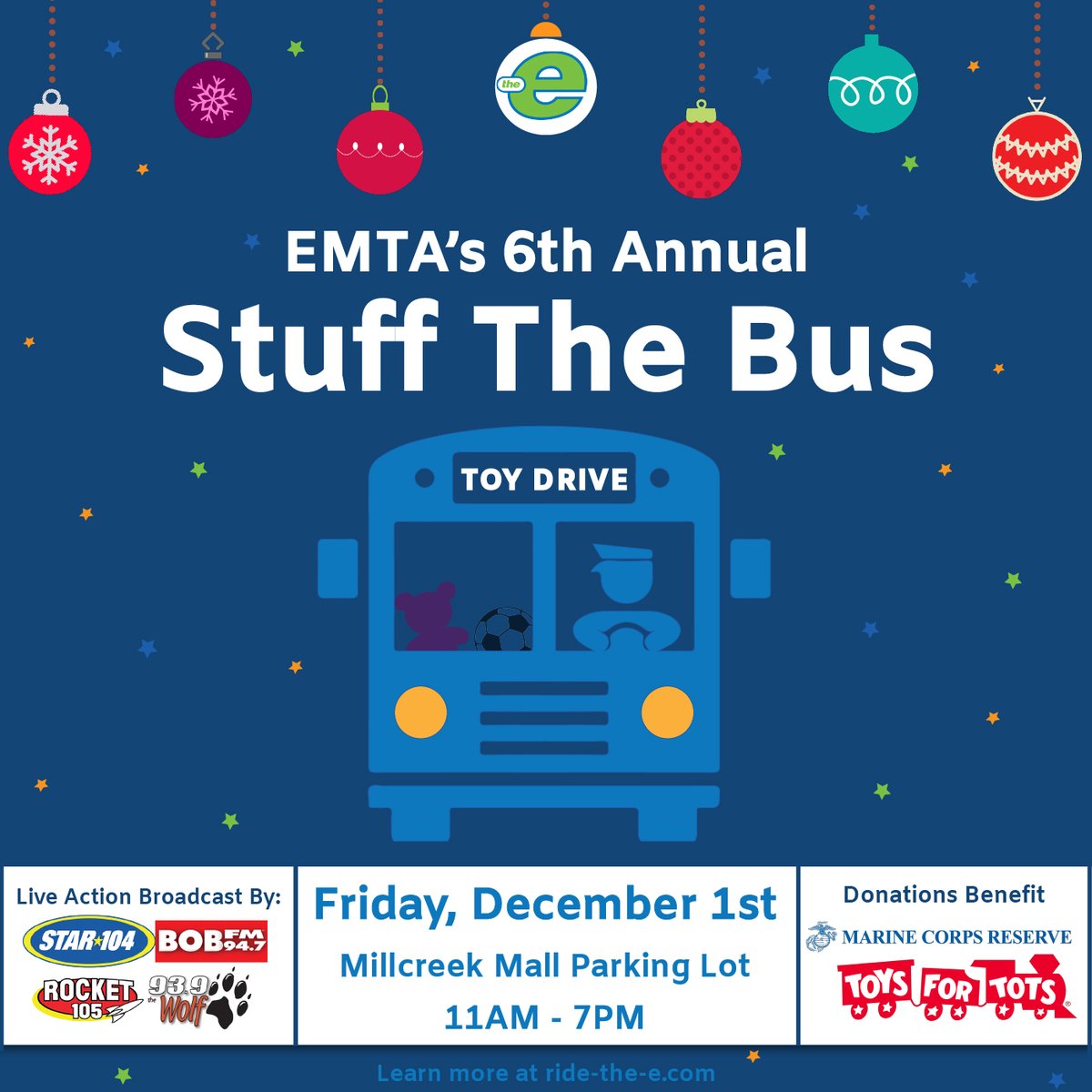 ride_the_e's tweet photo. We are excited to announce our 6th annual Stuff the Bus Toy Drive benefiting Toys for Tots Erie County PA! https://t.co/pwGtOBQP13