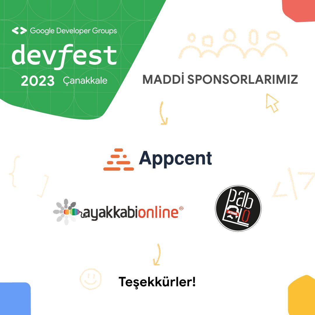 🚀 Etkinliğimizin maddi sponsorları, başarımızın anahtarı! Bu şirketler sayesinde Devfest 2023 Çanakkale gerçekleşiyor. Teşekkürler! Destekleri için teşekkür ederiz! 🌐 #Devfest23 #MaddiSponsorlar