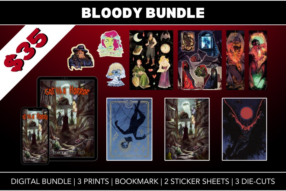 GothamHorrorZ's tweet photo. 🦇BLOODY BUNDLE🦇
Full Bundle [$35]
🩸One Digital Copy of our Full-Colour, 100+ Page Zine
🩸Digital Merch of a Colouring Page and an Emote Set
🩸Two 5x7 Foil Prints
🩸One 5x7 Regular Print
🩸Three Die-Cut Stickers
🩸Two A6 Sticker Sheets
🩸One Double-Sided Bookmark https://t.co/AyG2IPAIoi