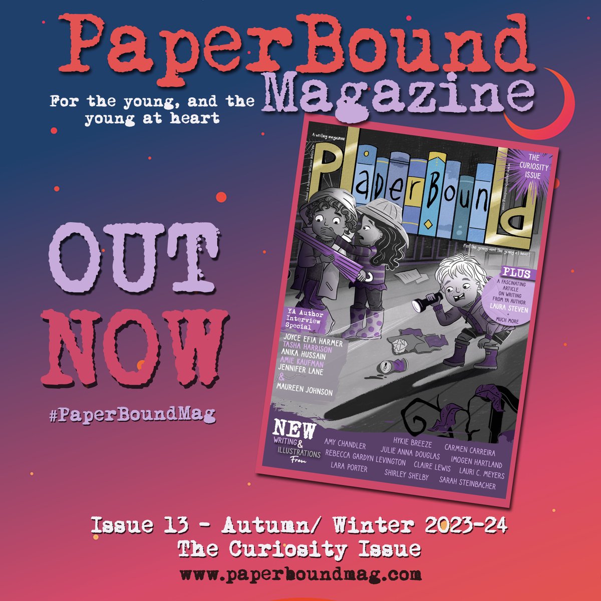 💜#Teachers, Parents and #Librarians 💜

Have you downloaded our new issue of #PaperBoundMag yet? It's great for classrooms and creative minds!

📚#BookRecommendations
📚#WritingPrompts
📚#WritingTips
📚#AuthorInterviews
📚#NewWriting #Art & more

FREE!

👉paperboundmag.com/issues/