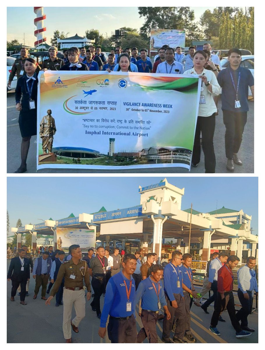 ImphalAPD's tweet photo. Walkathon event is organised today at Imphal International Airport on observance of 
#vigilanceawarenessweek2023 with active participation of AAI employees and stakeholders..
#CorruptionFreeIndia
@AAI_Official 
@aairedner 
@MoCA_GoI 
@CVCIndia 
@cvo_aai 
#Indigo https://t.co/JnGBdUZACv