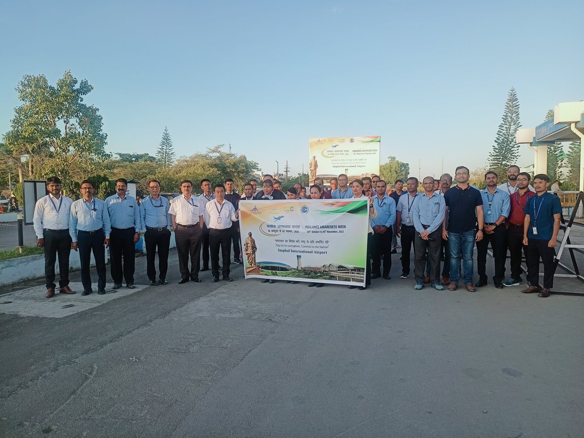 ImphalAPD's tweet photo. Walkathon event is organised today at Imphal International Airport on observance of 
#vigilanceawarenessweek2023 with active participation of AAI employees and stakeholders..
#CorruptionFreeIndia
@AAI_Official 
@aairedner 
@MoCA_GoI 
@CVCIndia 
@cvo_aai 
#Indigo https://t.co/JnGBdUZACv