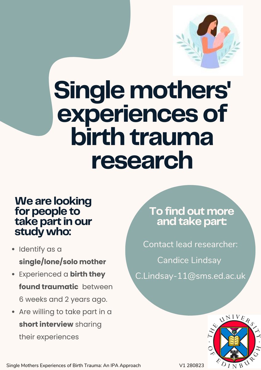 The MASIC Foundation (@masic_uk) on Twitter photo The University of Edinburgh are looking for people to take part in a study of single mothers' experiences of birth trauma. To find out more and to take part please contact lead researcher Candice Lindsay:
C.Lindsay-11@sms.ed.ac.uk
#birthtrauma The University of Edinburgh are looking for people to take part in a study of single mothers' experiences of birth trauma. To find out more and to take part please contact lead researcher Candice Lindsay:
C.Lindsay-11@sms.ed.ac.uk
#birthtrauma