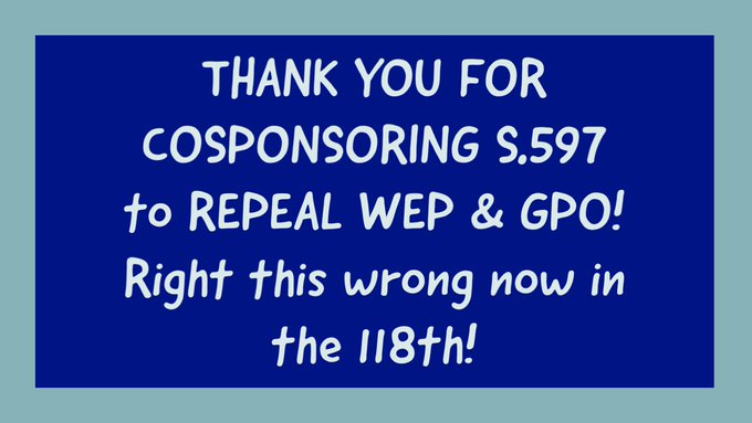 @BrianShatz Thank you for cosponsoring S.597 to bring financial relief to millions of Americans who deserve their earned Soc Sec benefits! Please continue the fight to fully repeal WEP & GPO. #EliminateWEPGPO #WEPGPOMustgo