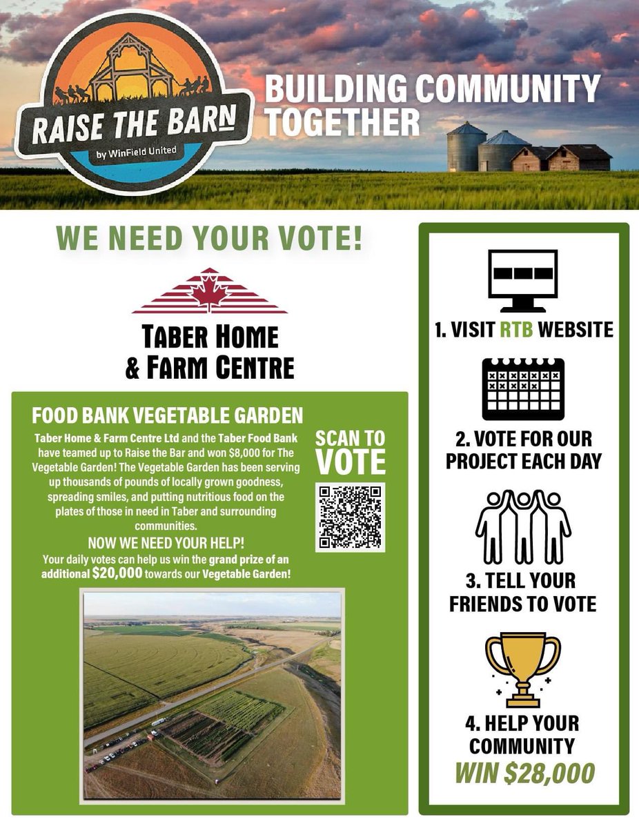 form.jotform.com/232967158787173

I just voted for the <a href="/TaberFoodBank/">Taber Food Bank Society</a> garden!  Make your vote count today so more vegetables can be grown locally to meet the growing need.  Awesome opportunity to support and great cause!