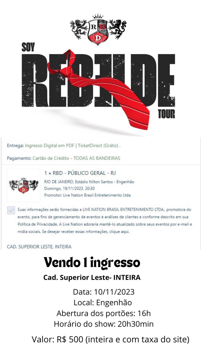 feernandassis1's tweet image. Galera, 
estou vendendo 1 ingresso INTEIRA do Soy Rebelde Tour, cad Superior Leste.

sugerido: #RBD, #soyrebeldetour, #ingresso, #Rebelde, #engenhao