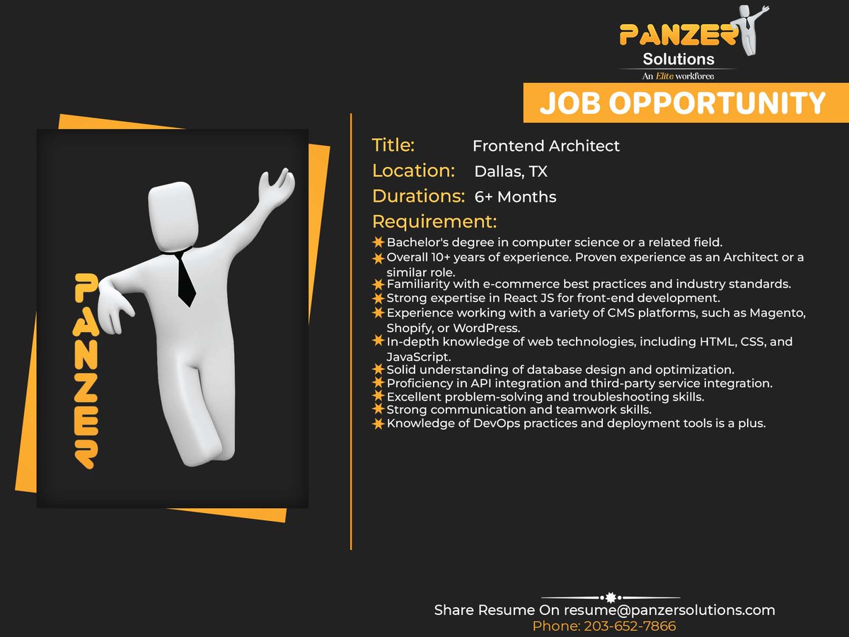 panzersolution's tweet image. Job Title: Frontend Architect
Location: Dallas, TX
Duration: 6+ Months
Share resumes at resume@panzersolutions.com
Or for more job requirements, click on the below link
Click Here: panzersolutions.com/jobopportunuti…
#PanzerSolutions #FrontendArchitect #jobs #jobsearch #Dallas #texas