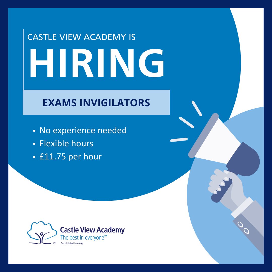 Castle View Academy is hiring Exams Invigilators!

➡No experience needed
➡Flexible hours
➡£11.75 per hour

For more information and to apply online, click the link: castleviewacademy.org.uk/about-us/vacan…

#cvaproud #portsmouthjobs #portsmouth