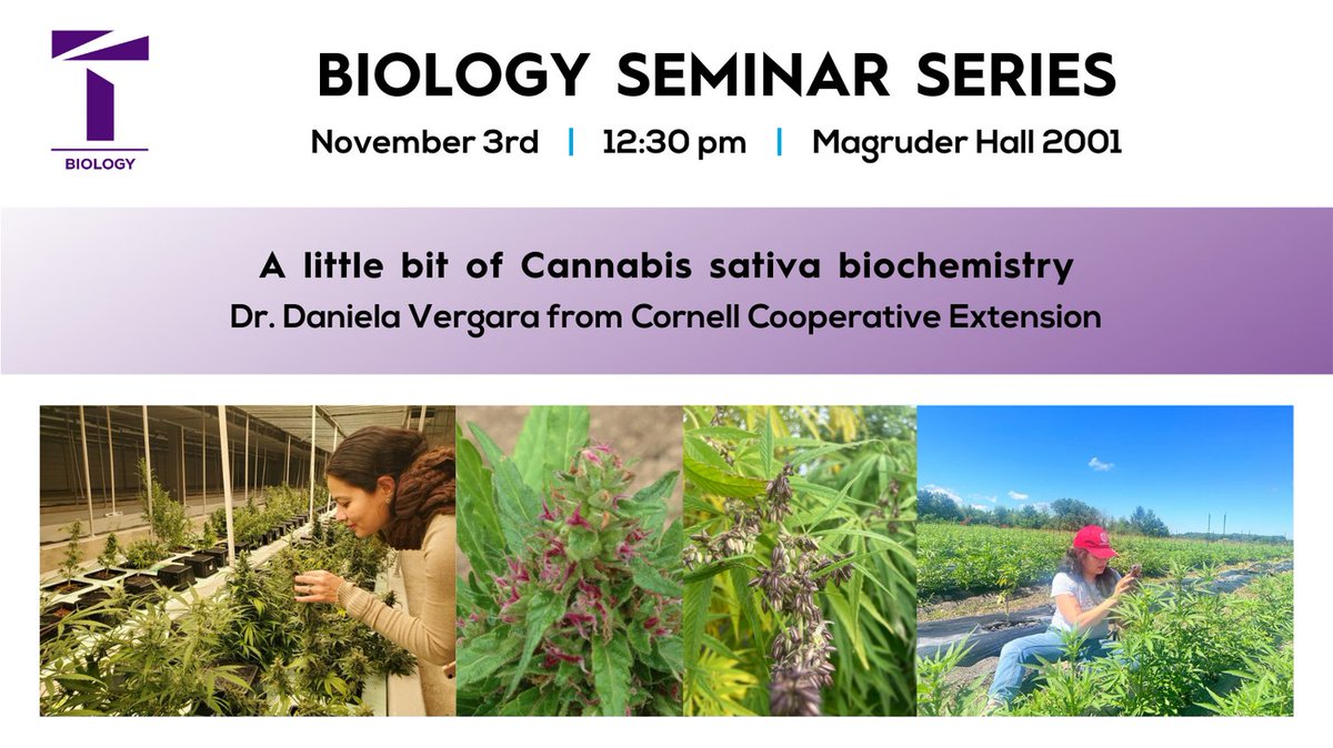 Join us for this week's Biology seminar featuring Dr. Daniela Vergara (<a href="/CannaBacana/">Dr. Daniela Vergara 6402 ☮️</a>). Dr. Vergara will talk about her work on Cannabis including research on Cannabis sativa biochemistry!