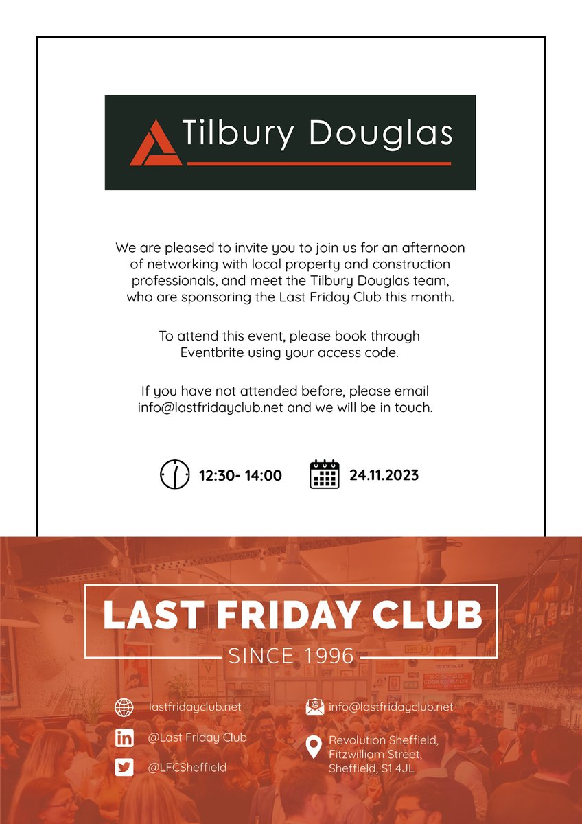 Our November event will be on the 24th November (last Friday of the month) and sponsored by Tilbury Douglas🥂 
Please note there is a new booking system and location.
See you there! 🍻
#lastfridayclubsheffield #networking #property #construction #sheffieldissuper #sheffield