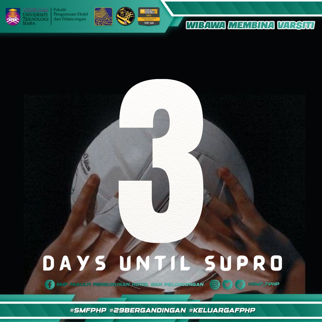 smf_fphp's tweet photo. RABU | 1 NOVEMBER 2023

Assalamualaikum WBT,
Salam Sejahtera,
Salam UiTM Dihatiku,

3 hari lagi 🎉

[COUNTDOWN SUKAN ANTARA PROGRAM (SUPRO) FAKULTI PENGURUSAN HOTEL DAN PELANCONGAN (FPHP)] https://t.co/257bTxvgmI