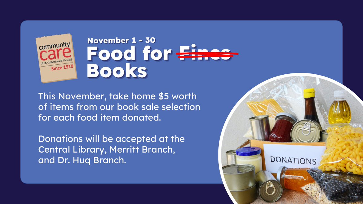 St. Catharines Public Library (@stcathlibrary) on Twitter photo Since eliminating late fines, we've given our Food For Fines annual food drive a new look. Introducing...
Food For Books!
Now, take home $5 worth of items from our book sale selection for each item donated in support of <a href="/communitycarest/">Community Care</a>. Donate at Central, Merritt, or Dr. Huq. Since eliminating late fines, we've given our Food For Fines annual food drive a new look. Introducing...
Food For Books!
Now, take home $5 worth of items from our book sale selection for each item donated in support of <a href="/communitycarest/">Community Care</a>. Donate at Central, Merritt, or Dr. Huq.