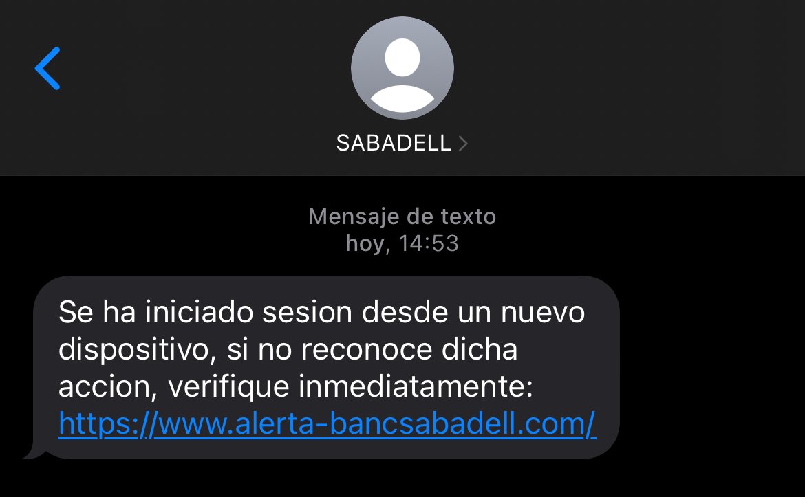 evavaquer's tweet photo. Hola @BancSabadell he recibido este SMS que sospecho que es #phishing . Podéis confirmar? https://t.co/8xxPyGvdQC
