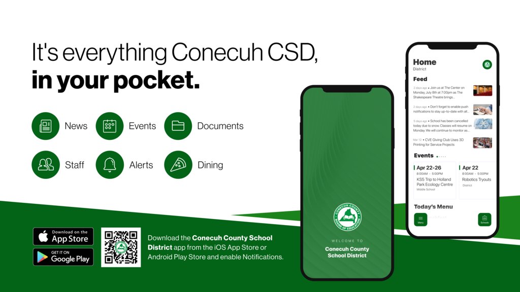 ConecuhCS's tweet photo. We're thrilled to announce the new app for Conecuh CSD! It's everything Conecuh CSD, in your pocket.

Download for Android https://t.co/oUZjZYEMqY
Download for iPhone https://t.co/7QaYNsSQ72 https://t.co/KHzhBAUbyL