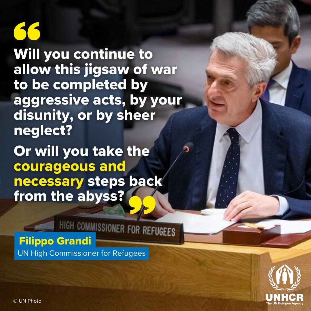 Refugees's tweet photo. “Will you take the courageous and necessary steps back from the abyss?

High Commissioner @FilippoGrandi called on the @UN Security Council to take action amidst record global displacement.

Full statement: https://t.co/EZc7fe5rqe https://t.co/tXI8xu5ahw