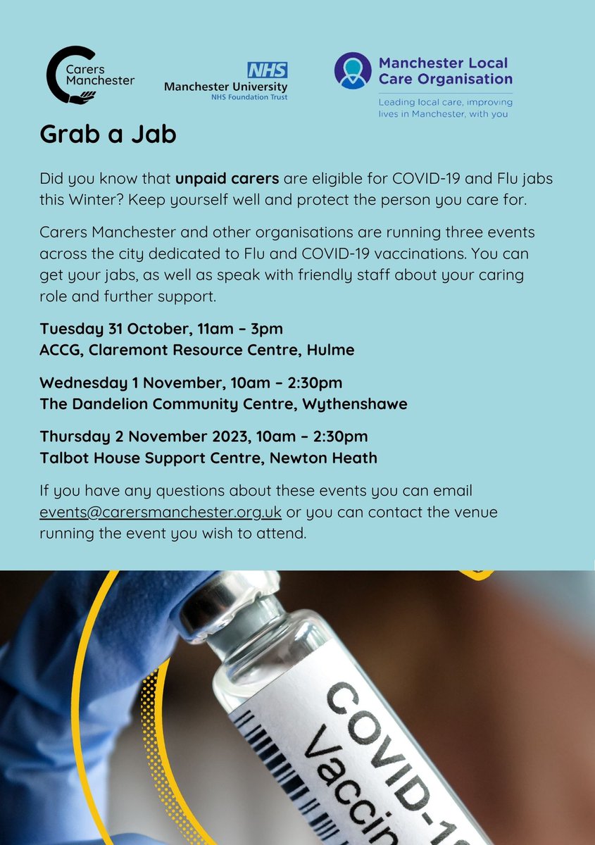 Get your Flu and COVID-19 vaccinations here at Talbot House on the 2nd November 10am - 2:30pm.

Vaccinations:
Appointment are on a first come, first served basis on the day (no booking required)