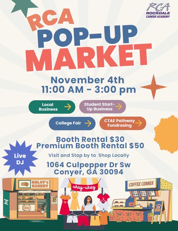 RCA is having a Pop-Up Market to support entrepreneurship and small business in the Rockdale community on Nov. 4th from 11 am - 3 pm at the Rockdale Career Academy. Over 30 vendors will be present. We will have bouncy houses for the kids. Come out and support! #RockdaleSchools