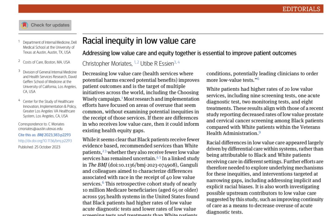 Utibe R. Essien, MD MPH (@uressien) on Twitter photo NEW in <a href="/bmj_latest/">The BMJ</a> w. <a href="/ChrisMoriates/">Chris Moriates, MD</a>.
ā¬ļø low-value care is SO important in health careā¦but it has to be done with an š towards #HealthEquity.
Commenting on brilliant work by <a href="/IshaniG/">Ishani Ganguli MD, MPH</a> et al, we discuss why equity must be at the core of all value work.
bmj.com/content/383/bm⦠NEW in <a href="/bmj_latest/">The BMJ</a> w. <a href="/ChrisMoriates/">Chris Moriates, MD</a>.
ā¬ļø low-value care is SO important in health careā¦but it has to be done with an š towards #HealthEquity.
Commenting on brilliant work by <a href="/IshaniG/">Ishani Ganguli MD, MPH</a> et al, we discuss why equity must be at the core of all value work.
bmj.com/content/383/bmā¦