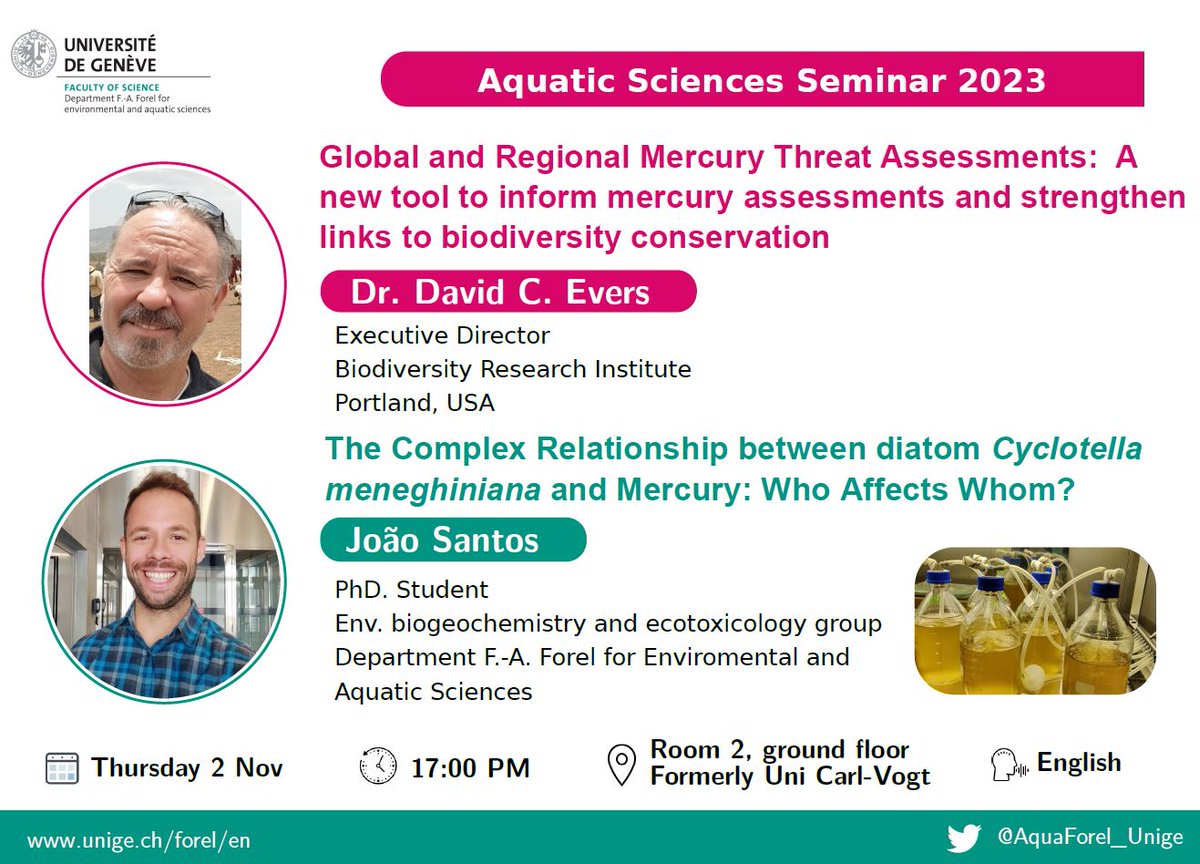 Immerse yourself in our November seminar series on Aquatic Sciences at @sciences_UNIGE and @unige_ise. 
Exciting details on guest speakers in the images.