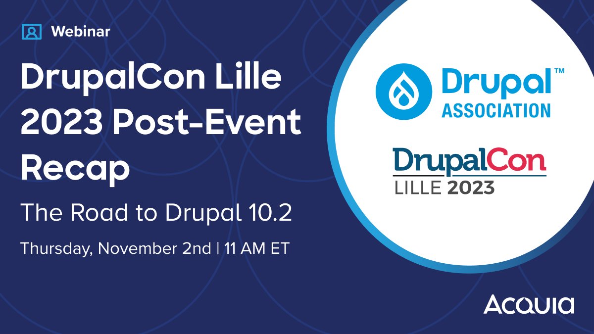 Join Dries Buytaert & Tim Lehnen for a recap of DrupalCon Lille! They will cover highlights from the Driesnote, the Drupal roadmap, upcoming releases, innovative strategies, + case studies from successful Drupal projects. Register here: acquia.com/events/webinar…