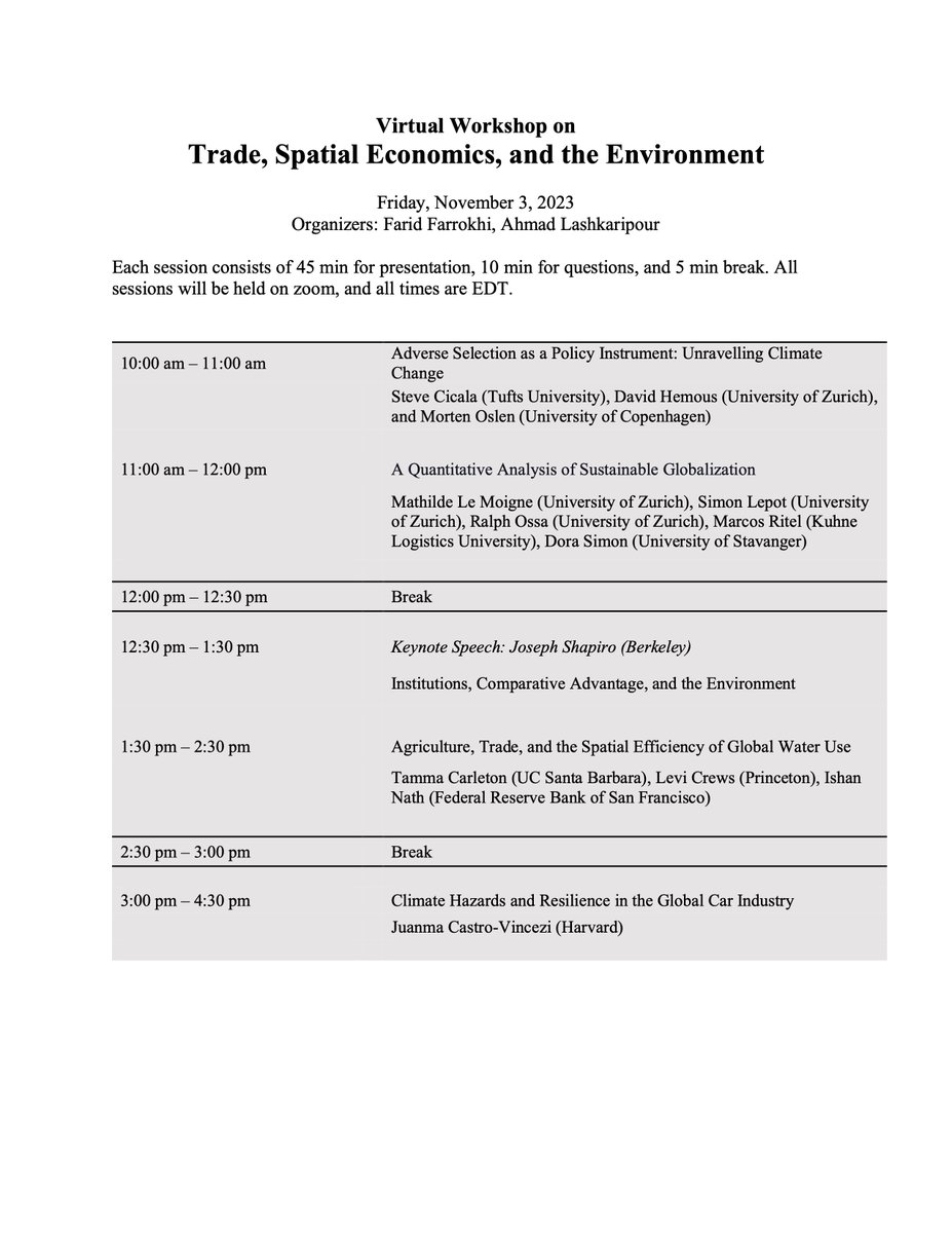 Ahmad Lashkaripour (@alashkaripour) on Twitter photo 📢 Join us for a Virtual Workshop on Trade, Spatial Economics & Environment!
This Friday, Nov 3, <a href="/Farid__Farrokhi/">Farid Farrokhi</a> and I host our 3rd workshop with a special keynote by Joseph Shapiro (<a href="/_josephshapiro/">Joseph Shapiro</a>).
Sign up here if interested: docs.google.com/forms/d/e/1FAI… 📢 Join us for a Virtual Workshop on Trade, Spatial Economics & Environment!
This Friday, Nov 3, <a href="/Farid__Farrokhi/">Farid Farrokhi</a> and I host our 3rd workshop with a special keynote by Joseph Shapiro (<a href="/_josephshapiro/">Joseph Shapiro</a>).
Sign up here if interested: docs.google.com/forms/d/e/1FAI…
