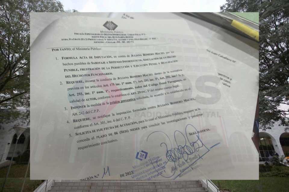 La fiscal Ruth Benítez imputó a la actuaria Juliana Romero por los hechos de sabotaje a sistemas informáticos, simulación de un hecho punible, frustración de la persecución y otros delitos, en el marco de la causa por la presunta modificación de un expediente de Ramón G. Daher.