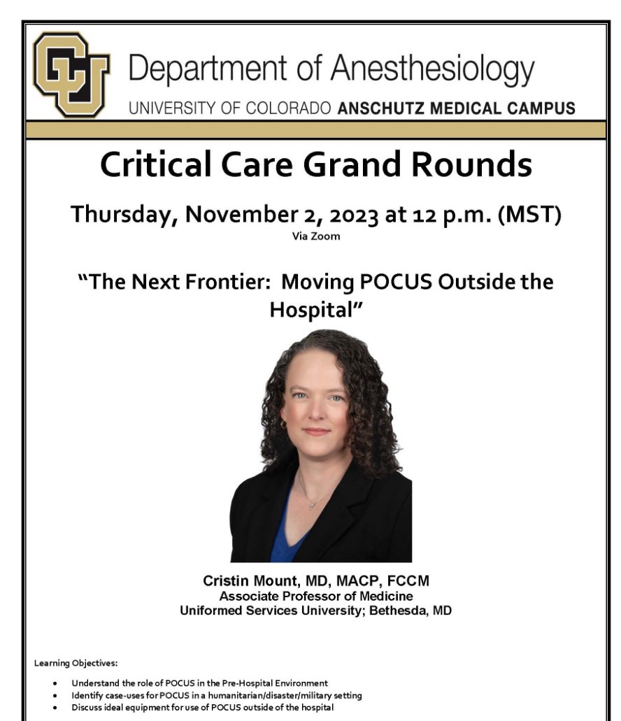 Excited to give this talk tomorrow on Austere #POCUS - what would you want to know about taking #POCUS outside of the hospital? Pre-hospital @MelissaMyersMD Disaster/Humanitarian med response @Jose_Diaz_Gomez @SCCM Operational Military Medicine @Scottiedoc1 @armyemdoc @TheTATRC