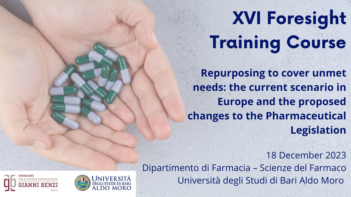 📢<a href="/FondazioneBenzi/">Fondazione Gianni Benzi Onlus</a> and <a href="/uniba/">Pasca Uniba</a> organise XVI Foresight Training Course “Repurposing to cover unmet needs: the current scenario in Europe and the proposed changes to the Pharmaceutical Legislation”
📅📍18 December 2023 in Bari and online
Registration➡️ tinyurl.com/mr42p7jw