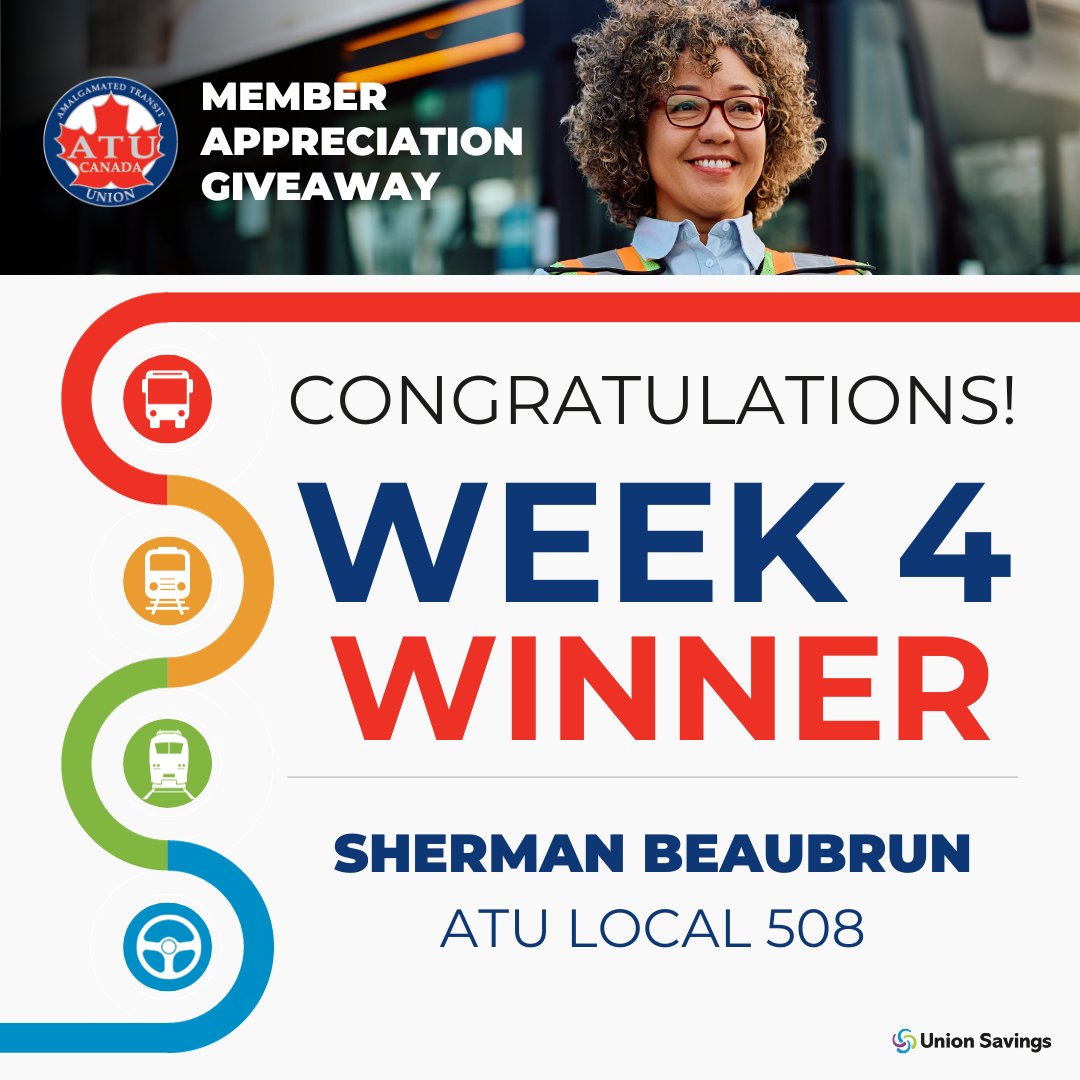 atu_canada's tweet photo. Congratulations to Sherman Beaubrun of ATU Local 508-Halifax-NS – Week 4 winner of the Union Savings member appreciation draw. #UnionSavings #OneATU
Reminder to all Canadian ATU Members - Last week to enter the contest for the $3000 Grand Prize draw at https://t.co/zmhWguASND https://t.co/BgSDn5HqdR