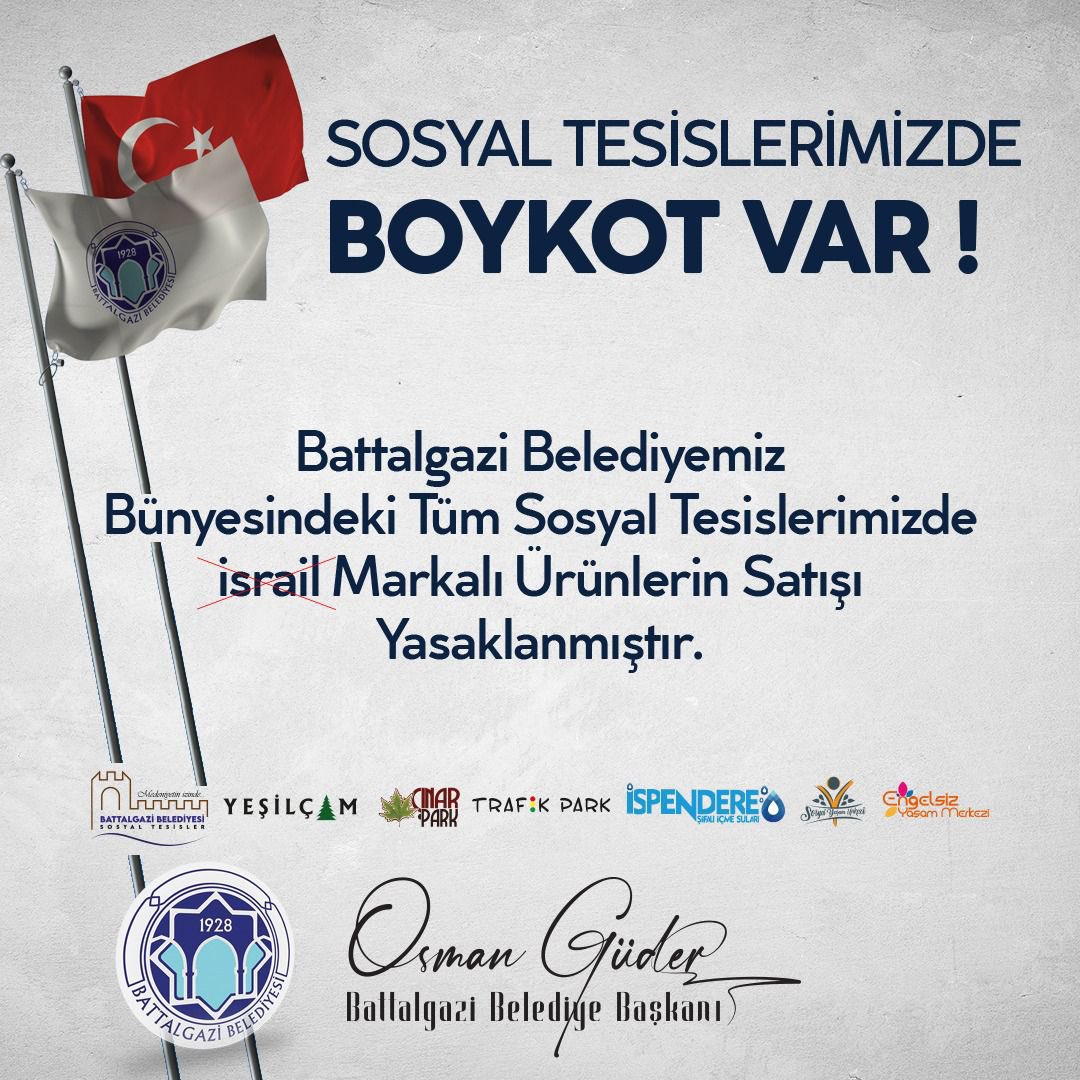 battalgazibeltr's tweet photo. Sosyal Tesislerimizde Boykot Var!

Belediyemiz bünyesindeki tüm sosyal tesislerimizde İsrail markalı ürünlerin satışı yasaklanmıştır. https://t.co/DK40W9qKYv