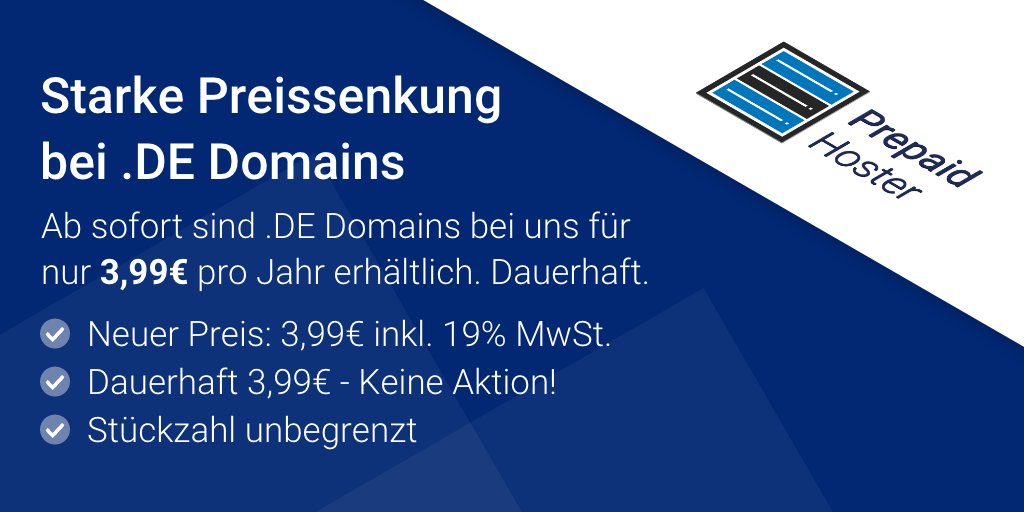 Moinsen an alle 😀
Braucht noch jemand günstige DE-Domains?
Falls ja, keine Eile, bei uns gibt es die nun dauerhaft für nur 3,99€ im Jahr! 🔥

✅ Jetzt Domain registrieren: prepaid-hoster.de/domains/de-dom…