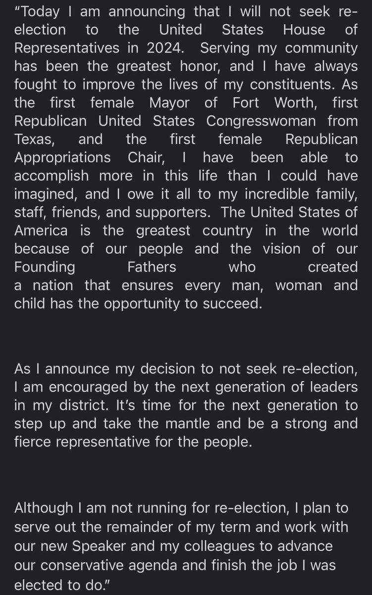 .@RepKayGranger just announced she is officially not running. Here’s her full statement: