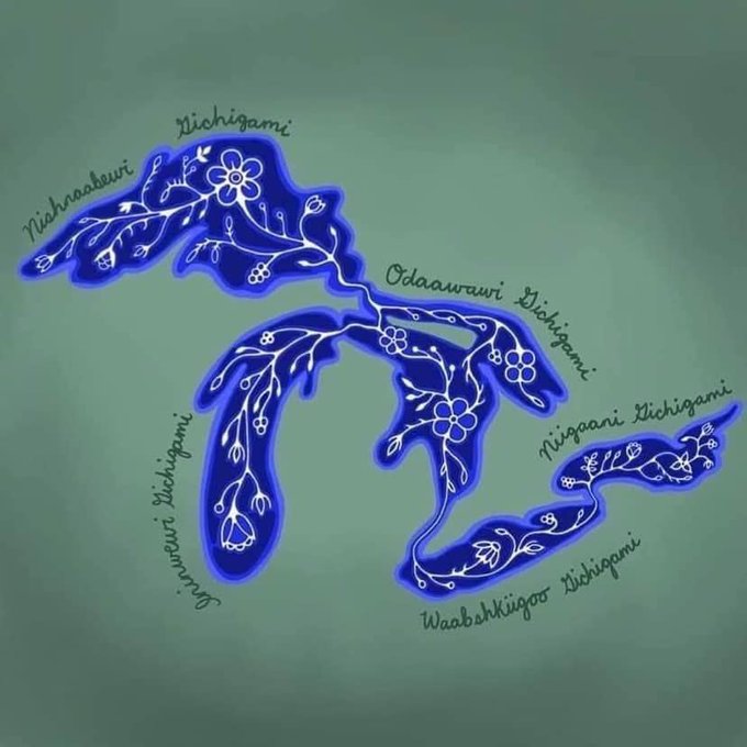 CIGLR_UM's tweet photo. 1/2 #WaterWednesday: In honor of Native American Heritage Month, let's highlight the waters we refer to today as the #GreatLakes. In Nishnaabemwin language, the GLs are collectively Nayaano-nibiimaang Gichigamiin.

Simply beautiful artwork 🎨 by Anna Heffernan @miskwaadesigns 👇 https://t.co/fHBgI26DD5