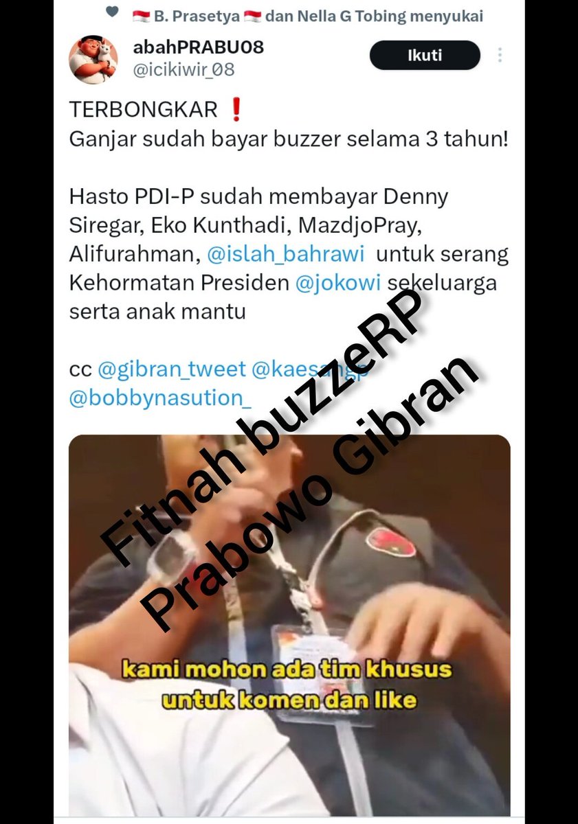 ch_chotimah2's tweet photo. Ini jelas hoax dan fitnah!!!

Yg pertama, ga masuk akal @Dennysiregar7, @islah_bahrawi, @MazdjoPray dkk dibayar sejak 3 tahun menyerang kehormatan presiden dan keluarga sdngkan masalah MK atau Gibran jd cawapres PS itu baru terjadi saat ini.
3 tahun lalu mereka mah masih mesra2nya dgn pak Jokowi.

Yg kedua, Alif atau seword itu baru aja dukung Ganjar saat baru dideklarasikan sama PDIP, jadi tuduhan dibayar sejak tiga tahun juga jelas hoax.

Di video yg disebarkan itu juga ga membuktikan kalo pak Ganjar bayar buzzer sejak tiga tahun, Krn jelas di video tersebut mereka sedang mengeluhkan dukungan, kalo memang ada buzzer yg dibayar, seharusnya masalah kurangnya dukungan itu ga akan ada.
Logika!!!