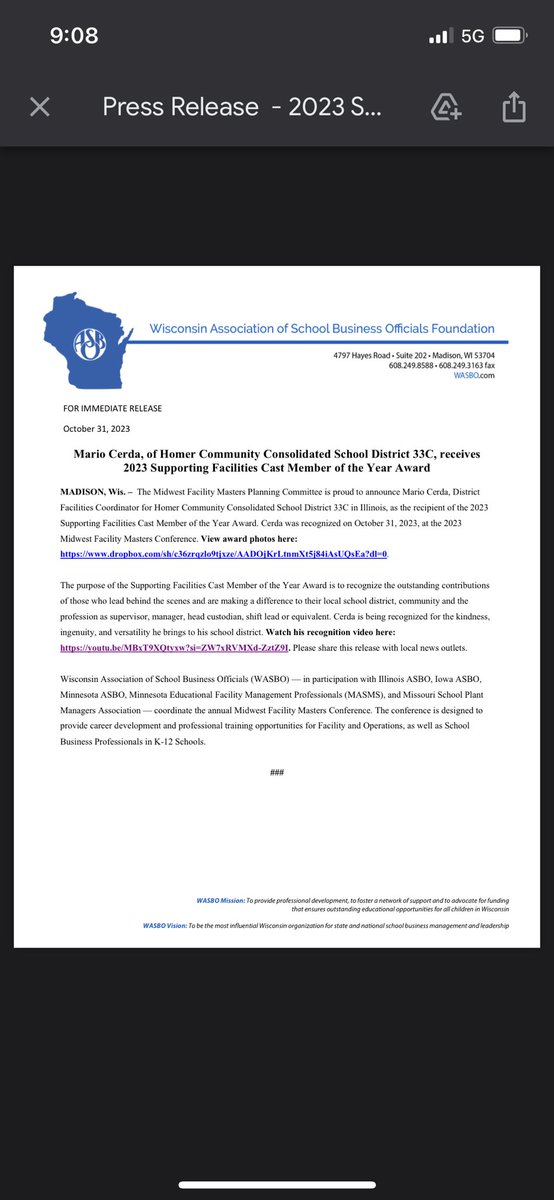 Congratulations to Mario! He received the 2023 Supporting Facilities Cast Member of the Year Award from the Wisconsin Association of School Business Officials! #Homer33C #Every33CDayCounts #NoPlaceLikeHomer