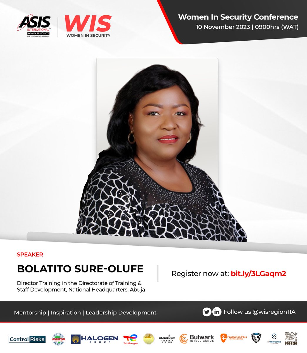MEET OUR SPEAKER! Welcoming Bolatito Sure-Olufe, the dynamic Director of Training at National Headquarters, Abuja. Back by popular demand, she's a change influencer in the security sector. Join her for a session at #WIS2023 REGISTER NOW  bit.ly/3LGaqm2. Don't miss out!