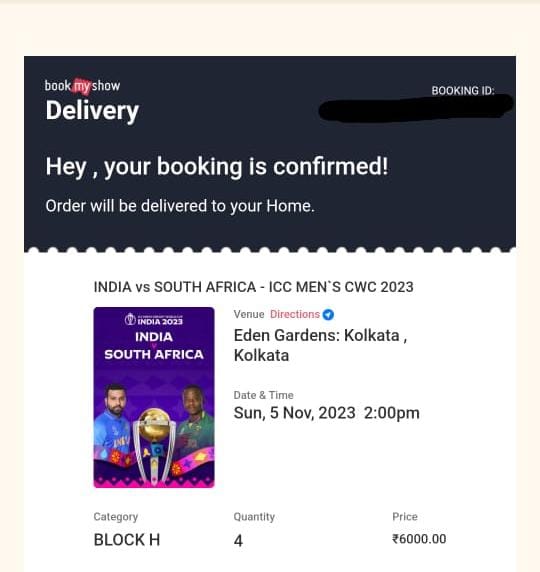 kothiibanglaaaa's tweet photo. 3 Extra Tickets for #INDvsSA match is available, Hand to Hand Delivery in Kolkata/Delhi with no such advance needed. Dm me if you're looking to buy
#ICCCricketWorldCup #cwctickets #Kolkata #EdenGardens #IndianArmy #INDvsSA #ViratGang #RohitSharma #BookMyShow
#INDvsENG #Trending https://t.co/l86wsqRuIh