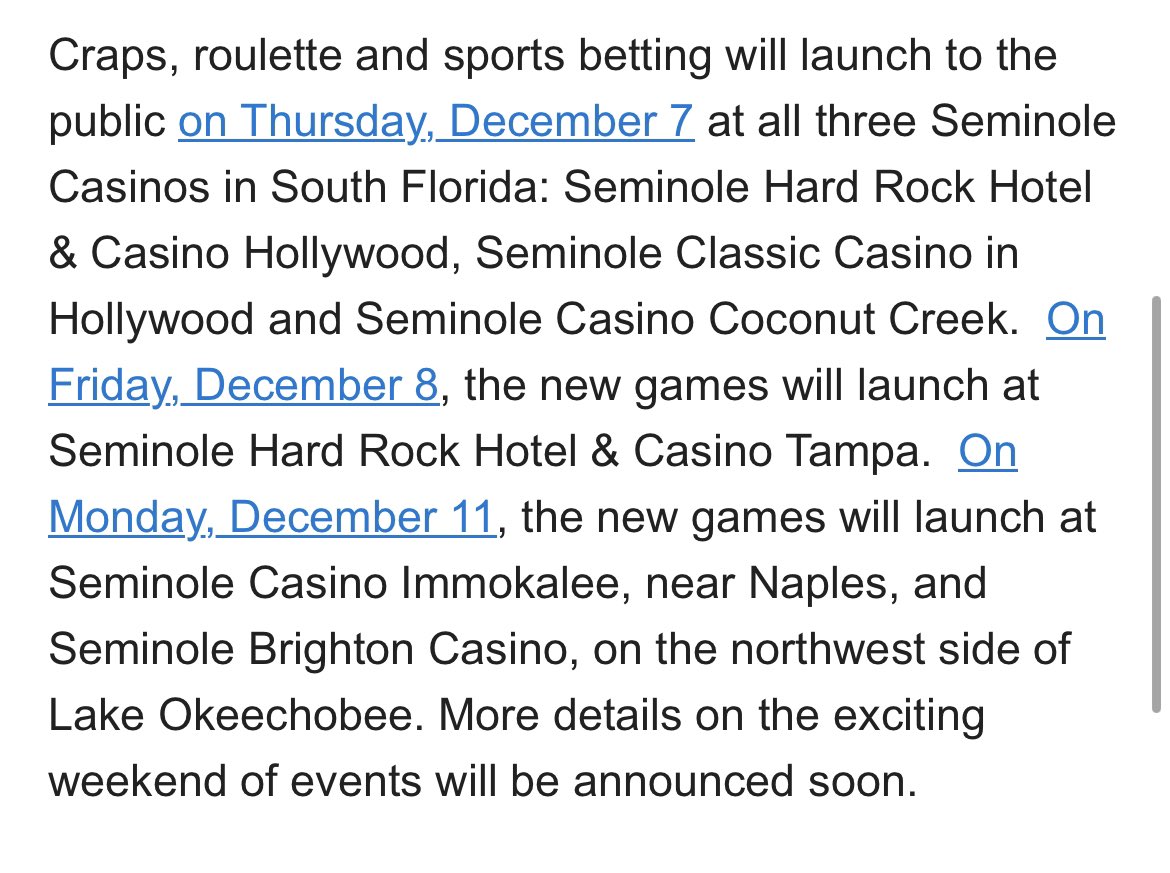 RLinnehanSR's tweet photo. The Seminole Tribe has announced it will launch in-person Florida sports betting at its six casinos on Thursday, Dec. 7.

Craps and roulette will also launch. 

Still no word on then online sports betting launch. https://t.co/LuMlleCr6j