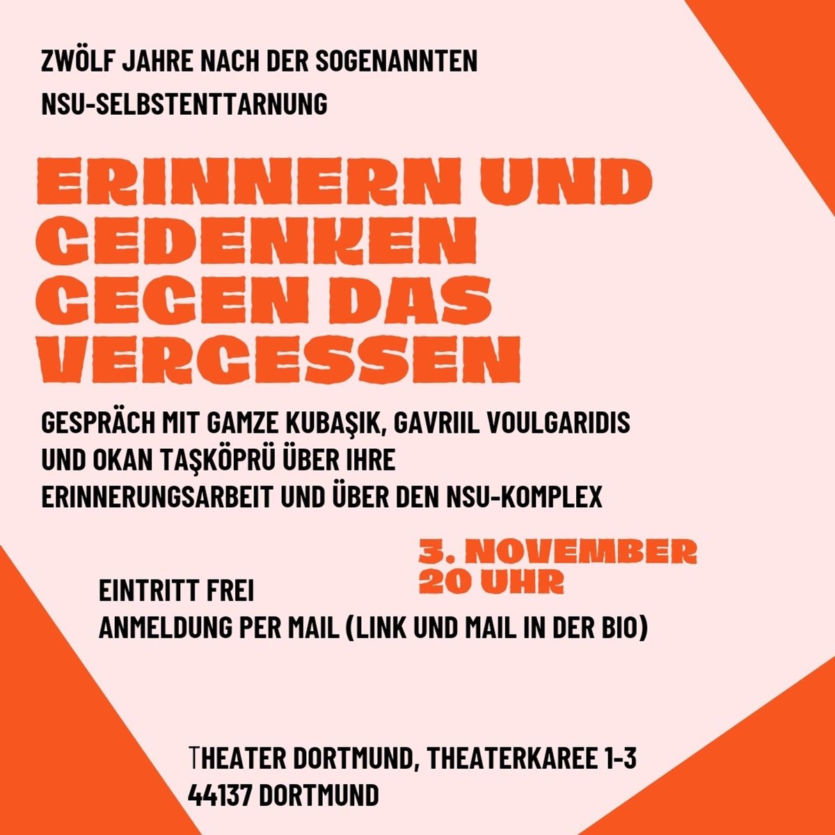 nsuwatch_nrw's tweet photo. „Erinnern und Gedenken gegen das Vergessen“
Lasst uns am 03.11.23  zusammenkommen - zuhören - austauschen:
Wir teilen die Einladung zur Veranstaltung mit Gamze Kubaşık, Gavriil Voulgaridis und Okan Taşköprü
Anmeldung über Email an @tdsolidaritaet
#erinnernheisstkaempfen
#Dortmund https://t.co/Ib6LAHgtCz
